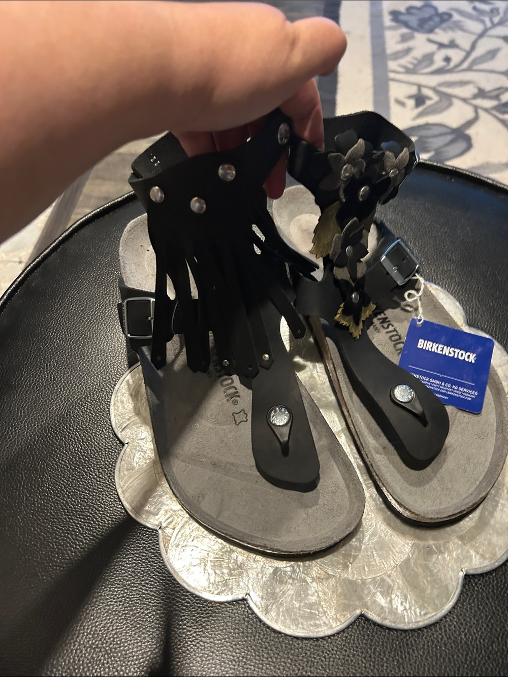 Birkenstock Black Leather Dual look  Fringe & Floral Studded Sandals